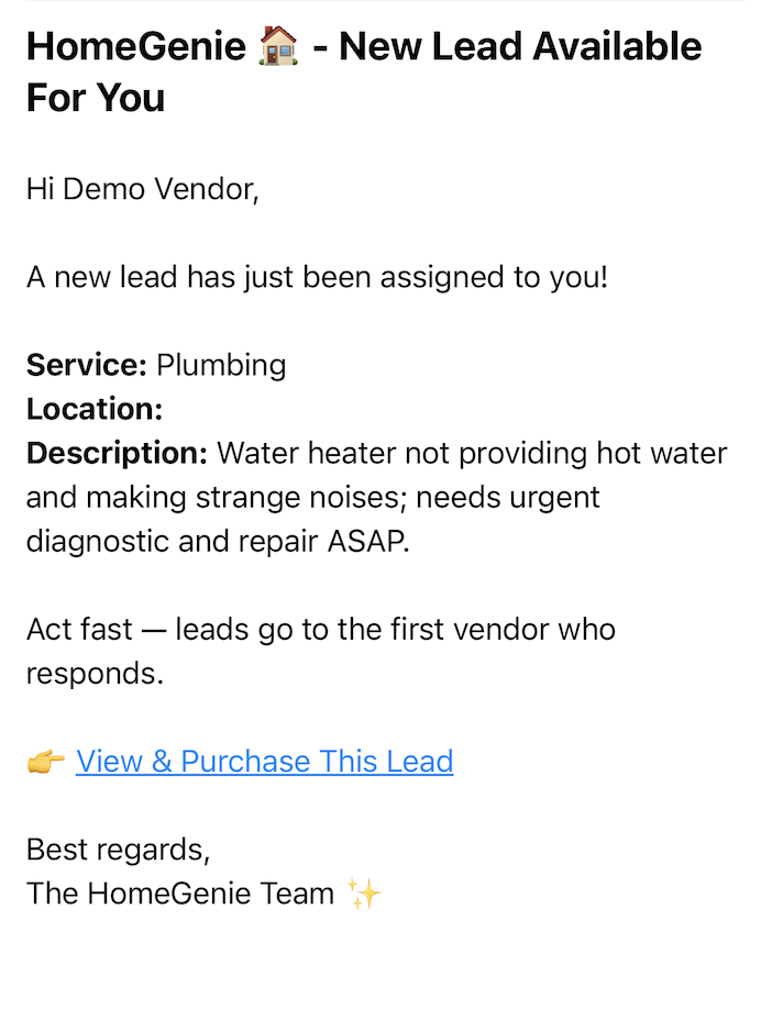 Email notification showing a new plumbing lead from HomeGenie